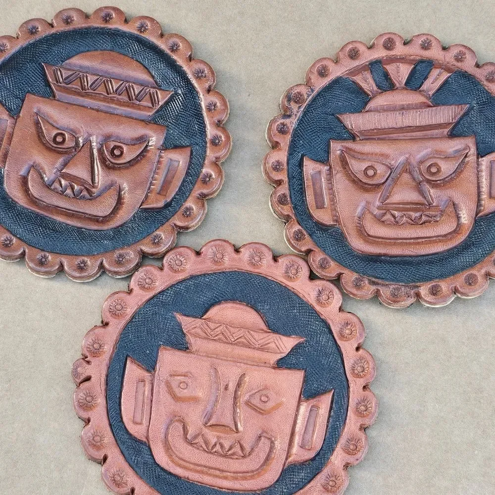 Leather Coaster Set of 3 | Characters AZTEC MAYAN INCA Heads | Hand Tooled